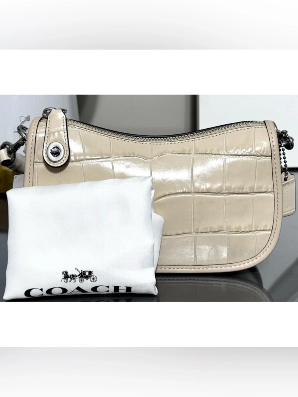 COACH Embossed Crocodile Swinger Bag 20, SILVER/ IVORY - Picture 2 of 11